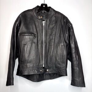 Vintage Black Leather Motorcycle Snap‎ Collar Quilted Lining Racing Jacket